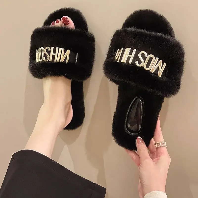 Cozy Plush Slippers Women Open Toe Autumn Winter Flats Furry Slippers Home Outdoor Letter Print Fleece Casual Designer Shoes