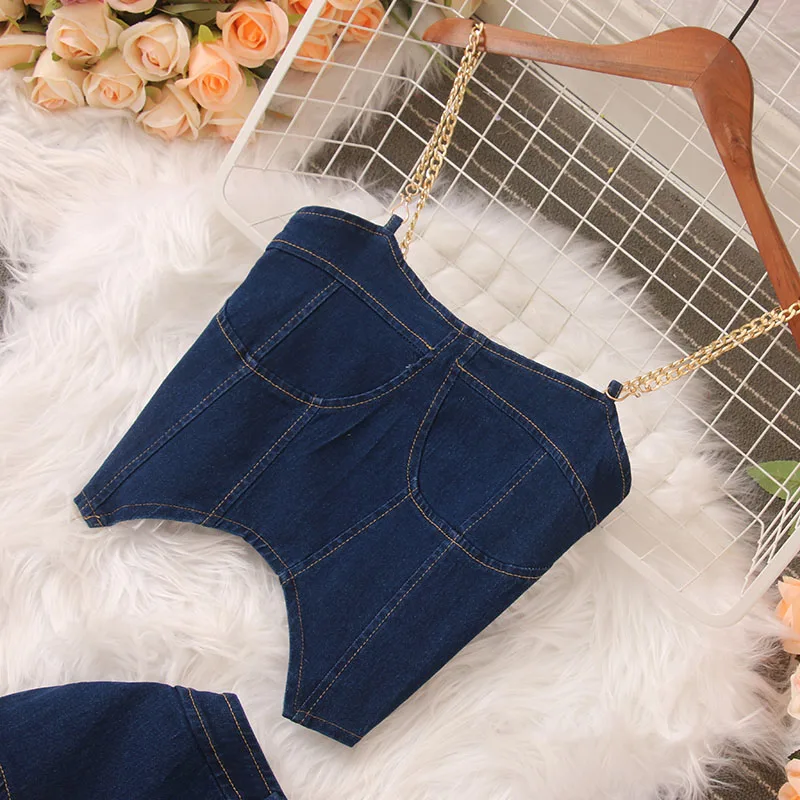 Women Denim Skirts 2pcs Suits Spaghetti Strap Vest Tops + High Waist Pleated Jeans Mini Skirt Clothing Sets Outfits