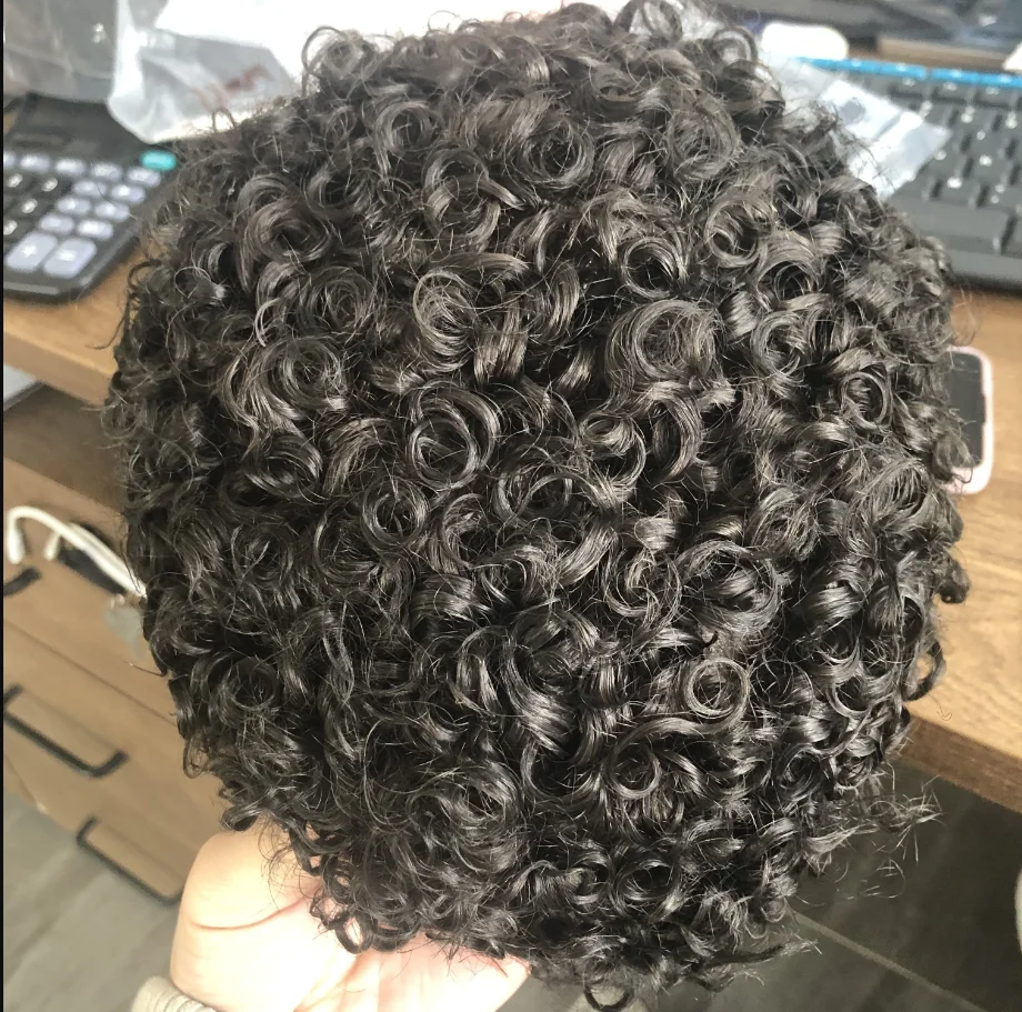 Extrem langlebiges Toupet für Herren mit natürlichem Haaransatz, 18 mm, lockige Afro-Perücke für Männer, schwarz, braun, grau, dünnes Mikro-Haut-Haarteil, Echthaarsystem – Detail 3