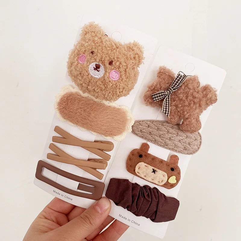 Khaki Cute Cartoon Bear bowknot Princess Hairpin Coffee Warm Color Children Girls Kids Hair Clips Barrettes Accessories Hairclip