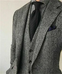 Regular Brown Mens Suits Slim Fit Herringbone Tweed Wool Blend Check Wedding Tuxedos Classic 3 Pieces Trajes De Hombre Blazer