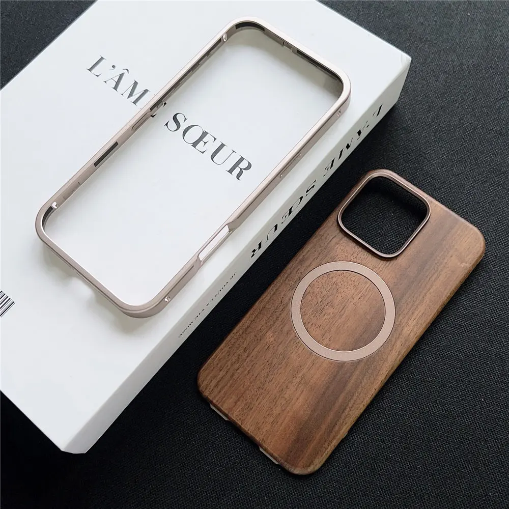 

Magnetic Slim Walnut Wood Case for iPhone 15 16Pro 16 Pro Max Metal Frame Cover