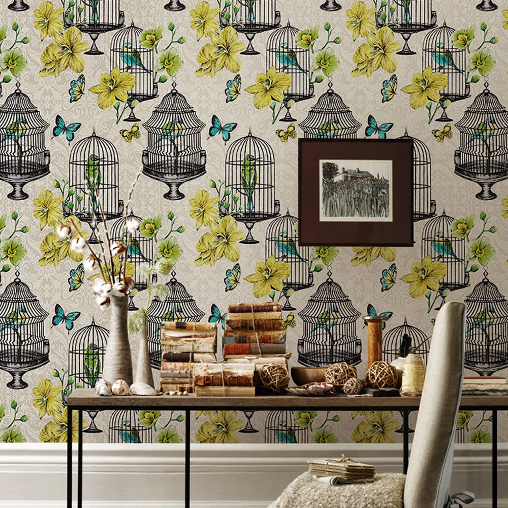 Classical Flower and Bird Wallpaper Bedroom Living Room Hotel Background Pvc Wallpaper Butterfly Parrot Mural Wall Covering