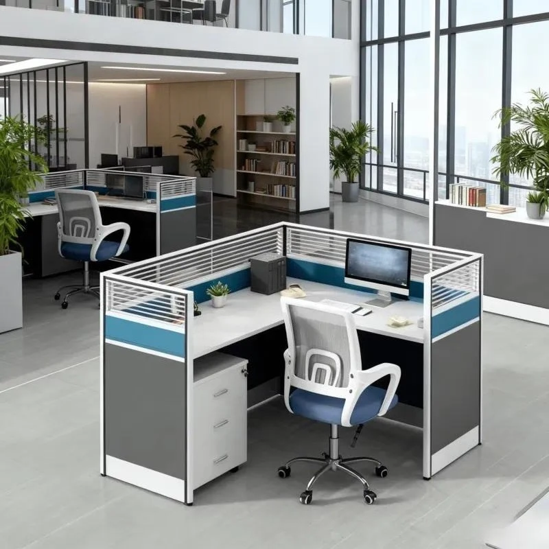 Modern Durable Commercial Office Workstation Desk with Partition Panel High Quality Blue Wood Furniture File Drawer Storage