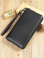 Men's first layer cowhide clutch bag Men's leather long wallet multi-functional causal fashion clutch bag long purse with strap