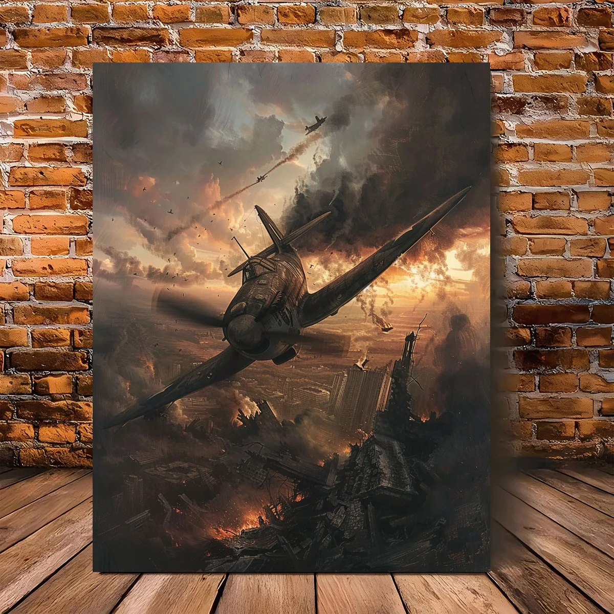 1pc No Framed Canvas Art - Realistic WWII Airplane Illustration in Dramatic Sky, Perfect for Office, Classroom, Home Wall Decor