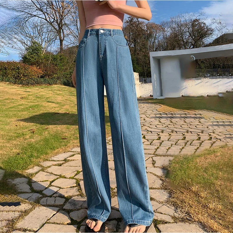 Jean coréen taille haute à jambes larges pour femme, pantalon droit ample et confortable, Style de rue rétro, en Denim délavé, automne