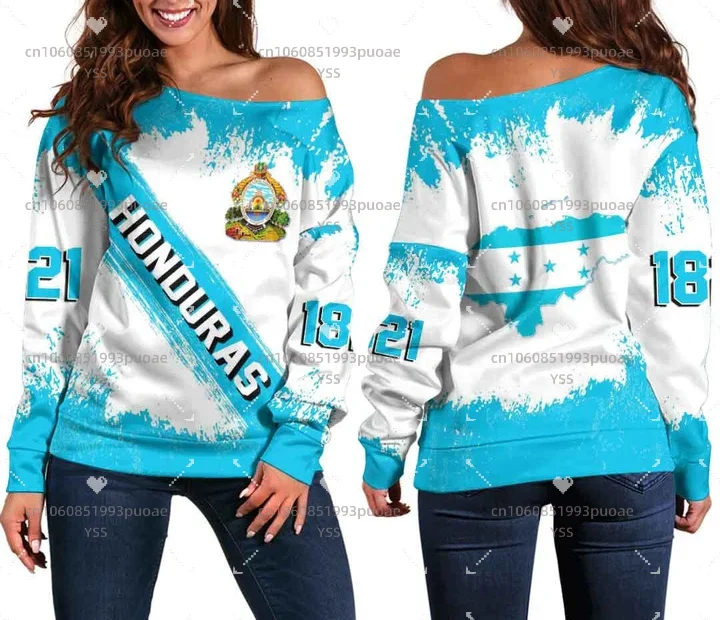 

2023 Honduras Women's Off shoulder Sweater 3D Print Honduras Flag Casual Street Off shoulder Sweater Fashion Women Sweater