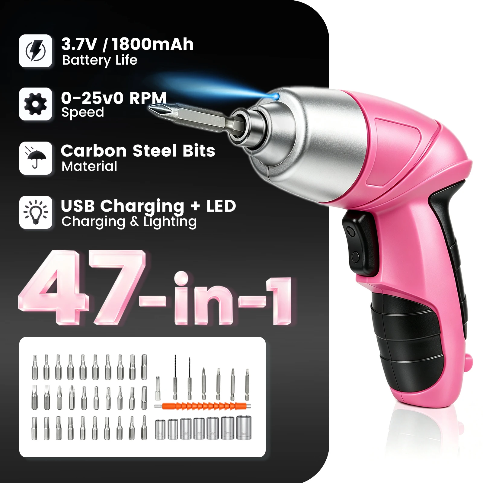 47-in-1 Portable Electric Screwdriver Cordless Multifunctional 3.7V Universal USB Charging Built-in LED Work Light for Furniture Assembly Appliance Repair DIY Projects