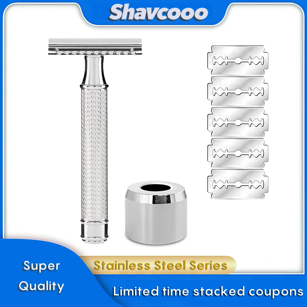 Shavcooo SS100 Stainless Steel Safety Razor for Man Double-edged Oneblade Shaver with Stand & Travel Box Holiday Gifts for Men