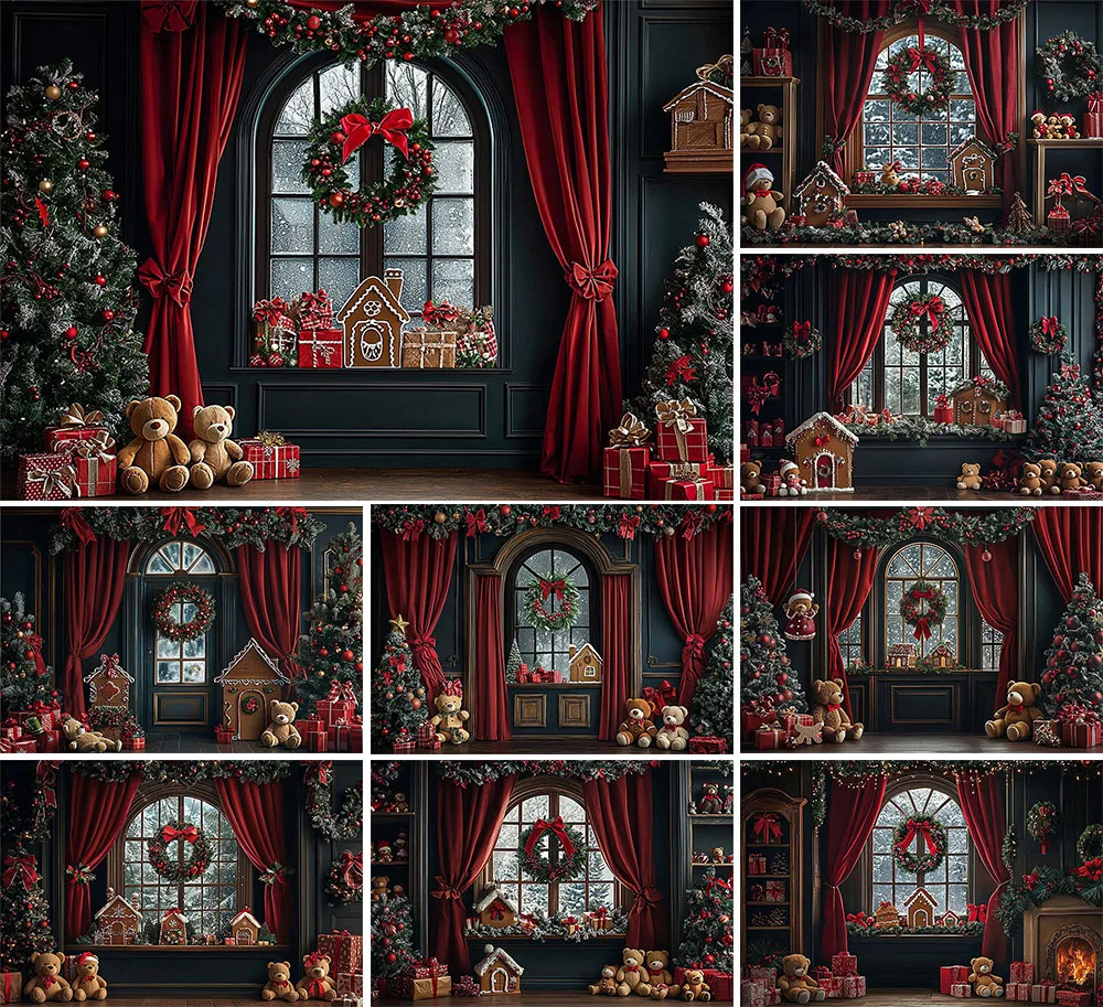 

Mehofond Red Curtains Wreath Photography Backdrops Kids Portrait Xmas Tree Vintage Room Background Window Decor Photocall Props