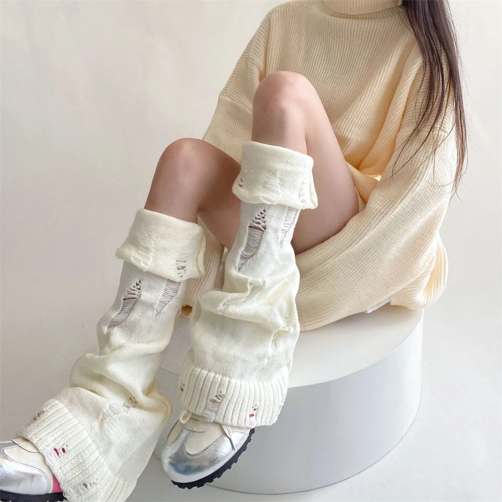 Süße Persönlichkeit Gestrickte Ripped Pile Socken Abdeckung Weibliche Herbst Winter Warme JK Breite bein Leggings Japanische Y2K Lolita Bein wärmer