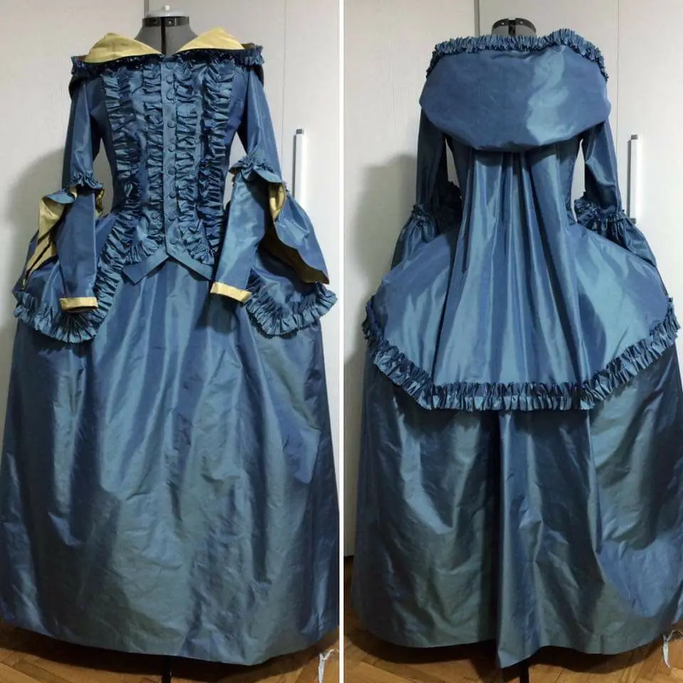 Rococo Hooded Dress Costume 18th Century Rococo Marie Antoinette Blue Visiting Dress Set Custom Made