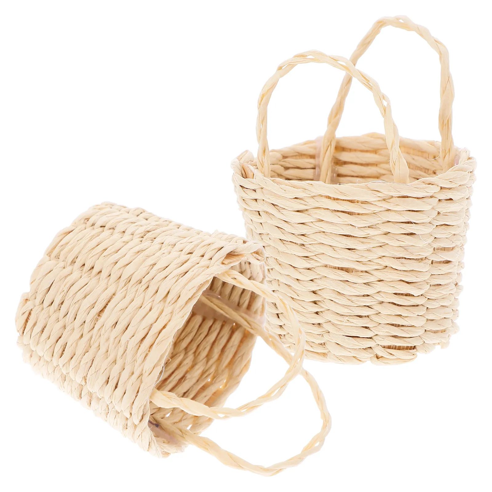 2Pcs Mini Raffia Grass Basket Miniature Woven Handle Small Holder for Craft Projects Event Decorations Home Display