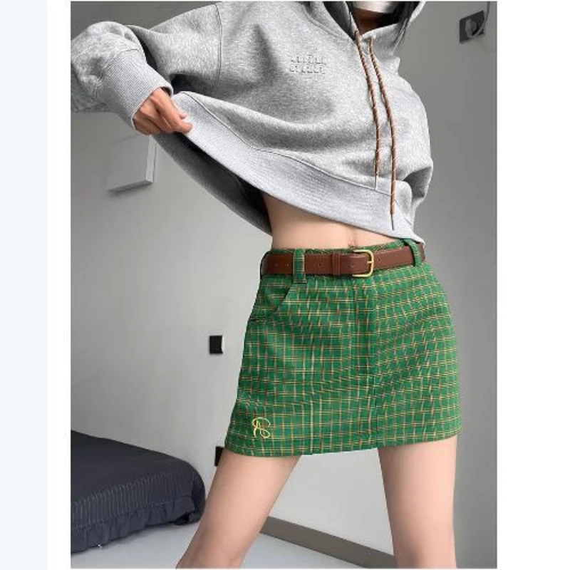 

American Retro Letter Embroidered Green Plaid Slim Skirt 2025 Summer A-word Hip Suit Skirt