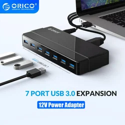 ORICO 4 HUB USB 3,0 de 7 puertos con adaptador de corriente de 12V, divisor USB, adaptador OTG para ordenador portátil de escritorio, accesorios de ordenador SuperSpeed