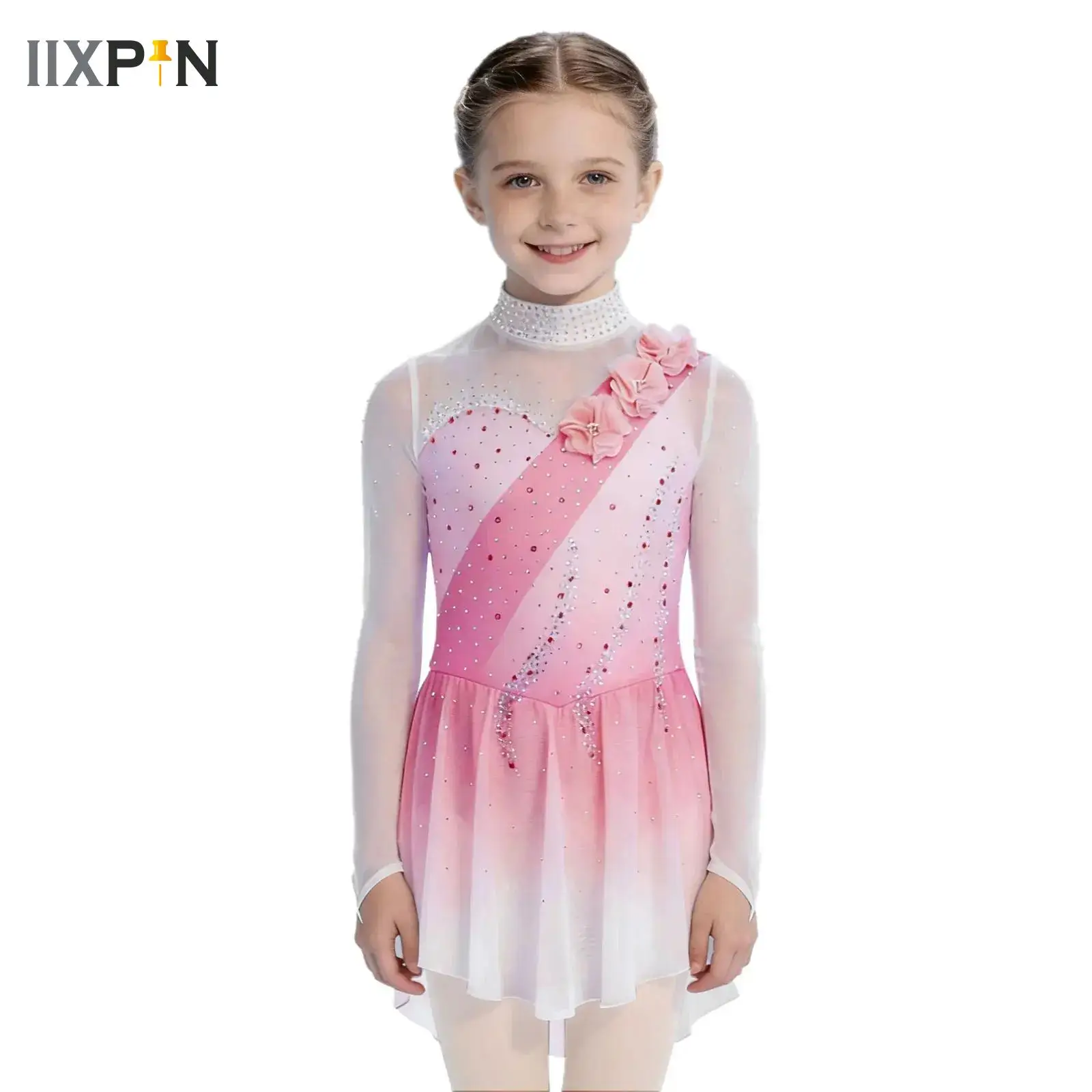 بقماش شفاف المرقعة فستان التزلج على الجليد للفتيات الباليه الجمباز يوتار التدرج اللون متزلج الرقص المنافسة زي #1