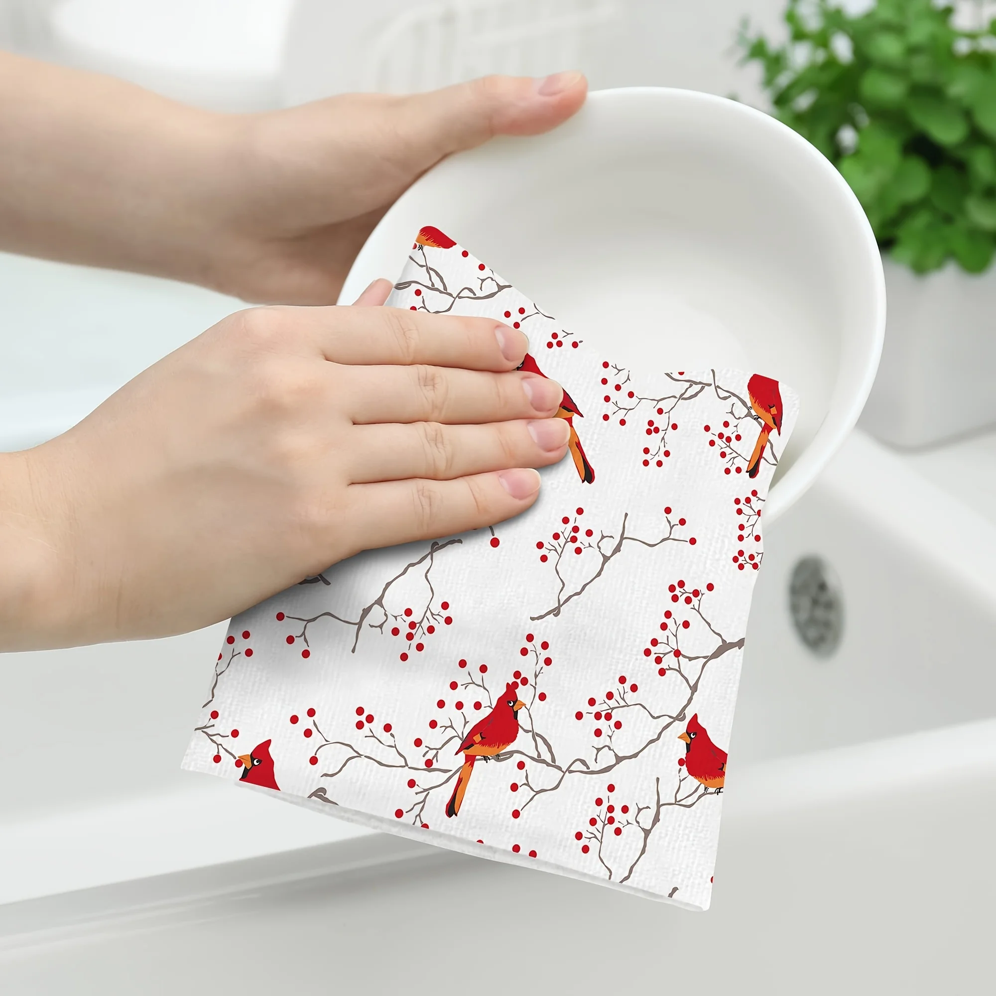 2Ppcs, Hand Towel, Red Bird And Cranberry Christmas Hand Towel, Multi-purpose Kitchen Soft Absorbent Towel, Dish Cloth, Washing