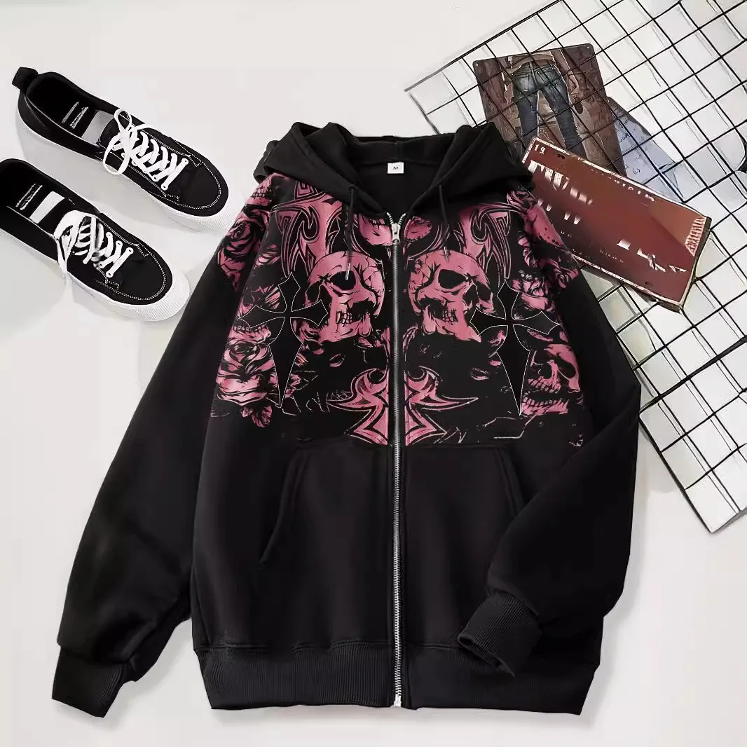 

2024 Zip Up Hoodie Skeleton Goth Sweatshirt Sport Couple Outfit Black Long Sleeve Oversized Grunge Y2k Hip Hop Jacket