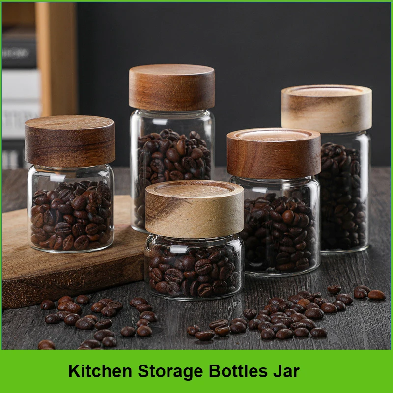 Kitchen Storage Bottles Jar Wood Lid Glass Airtight Canister Sealed Food Container Tea Coffee Beans Grains Candy Jars Organizer