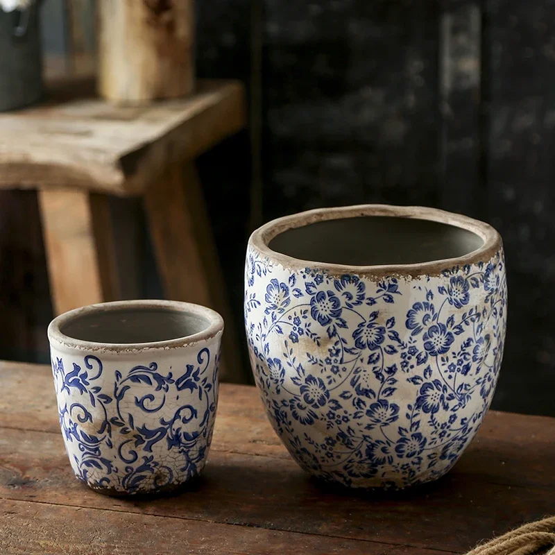 New Chinese Antique Blue And white Pottery Orchid Butterfly Ceramic Flower Pot Hydroculture Planting Flowers Green Plants Garden