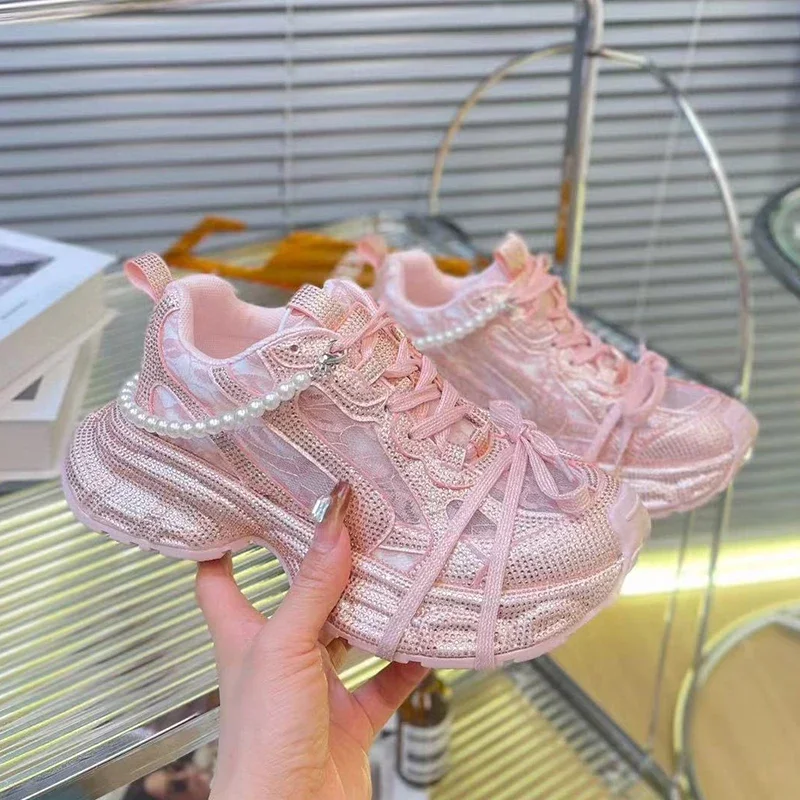 Zapatillas de Alta Calidad para Mujer, Zapatos de Skate con Cordones, Malla y Pedrería, Mocasines de Plataforma Brillantes, Zapatos Casuales de Mujer con Cristales