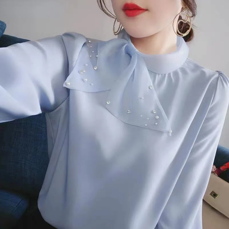 

Spring Elegant Fashion Women Scarf Collar Chic Bow Beading Chiffon Shirt Korean Temperament Long Sleeve Loose Blouse Tops P119