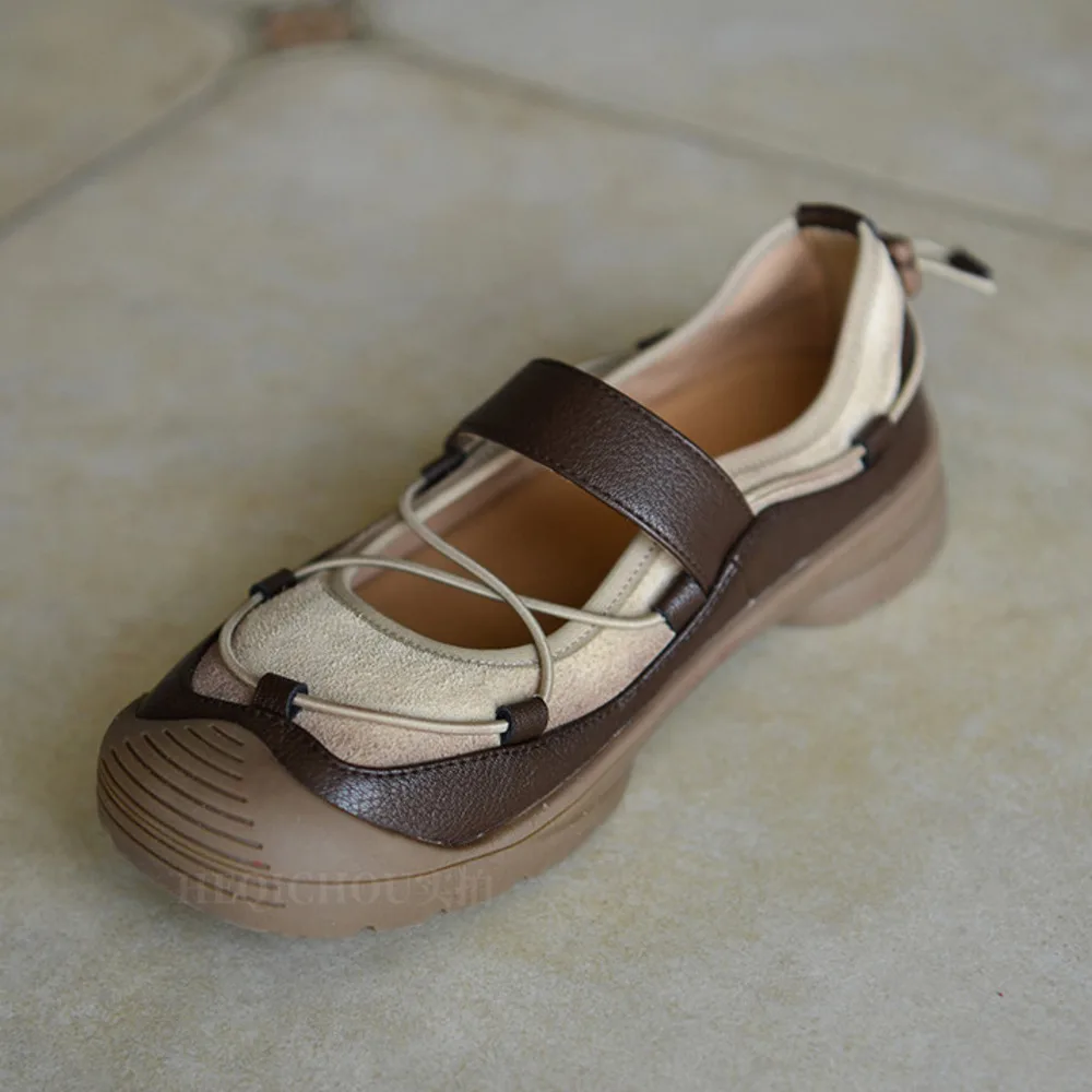 Zapatos Casuales de Mujer en Cuero Genuino Marrón Beige, con Cordones y Cierre de Velcro, Suela Gruesa, Punta Cerrada, Cómodos para Caminar