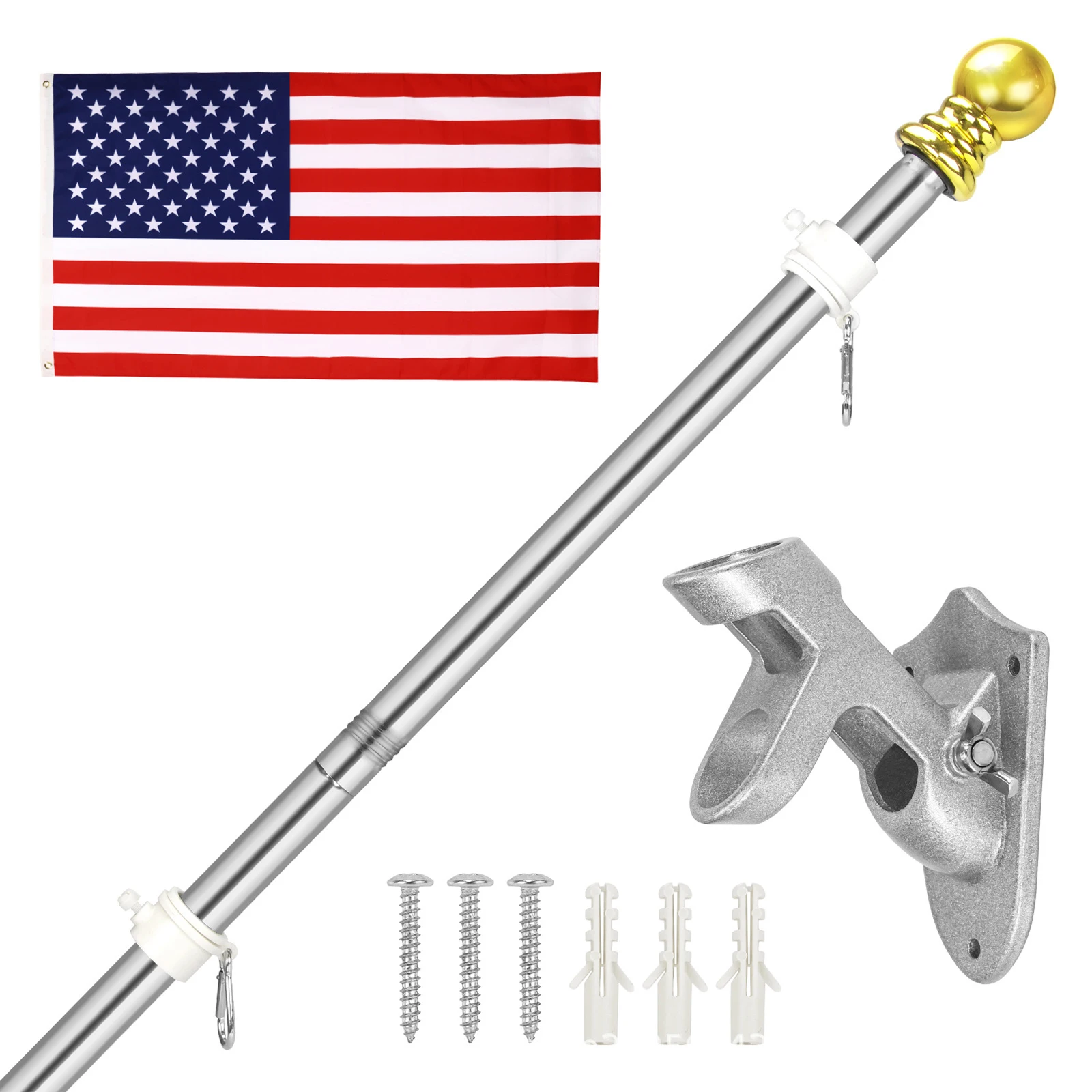 Flag Pole 6 FT Flagpole Holder Stainless Steel With Bracket Rotating Rings 45°&90° Adjustable Flagpole For Garden Wall Mounted