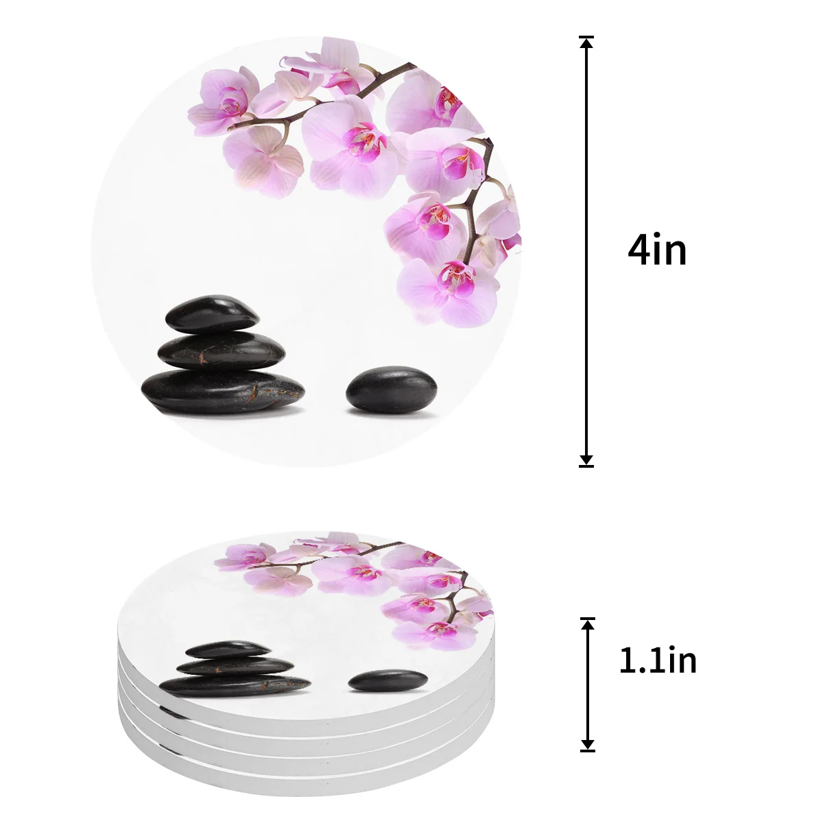 Orchid Black Stone Pink Flower White Round Coaster Coffee Table Mats Kitchen Accessories Absorbent Ceramic Coasters