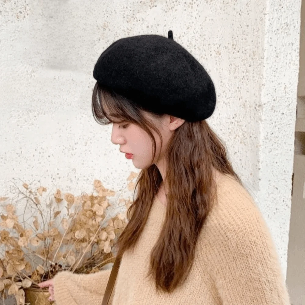 

Elegant Cloud Women Wool Berets Plush Elastic British Beanie Hat Solid Color Korean Style Artist Hat Winter