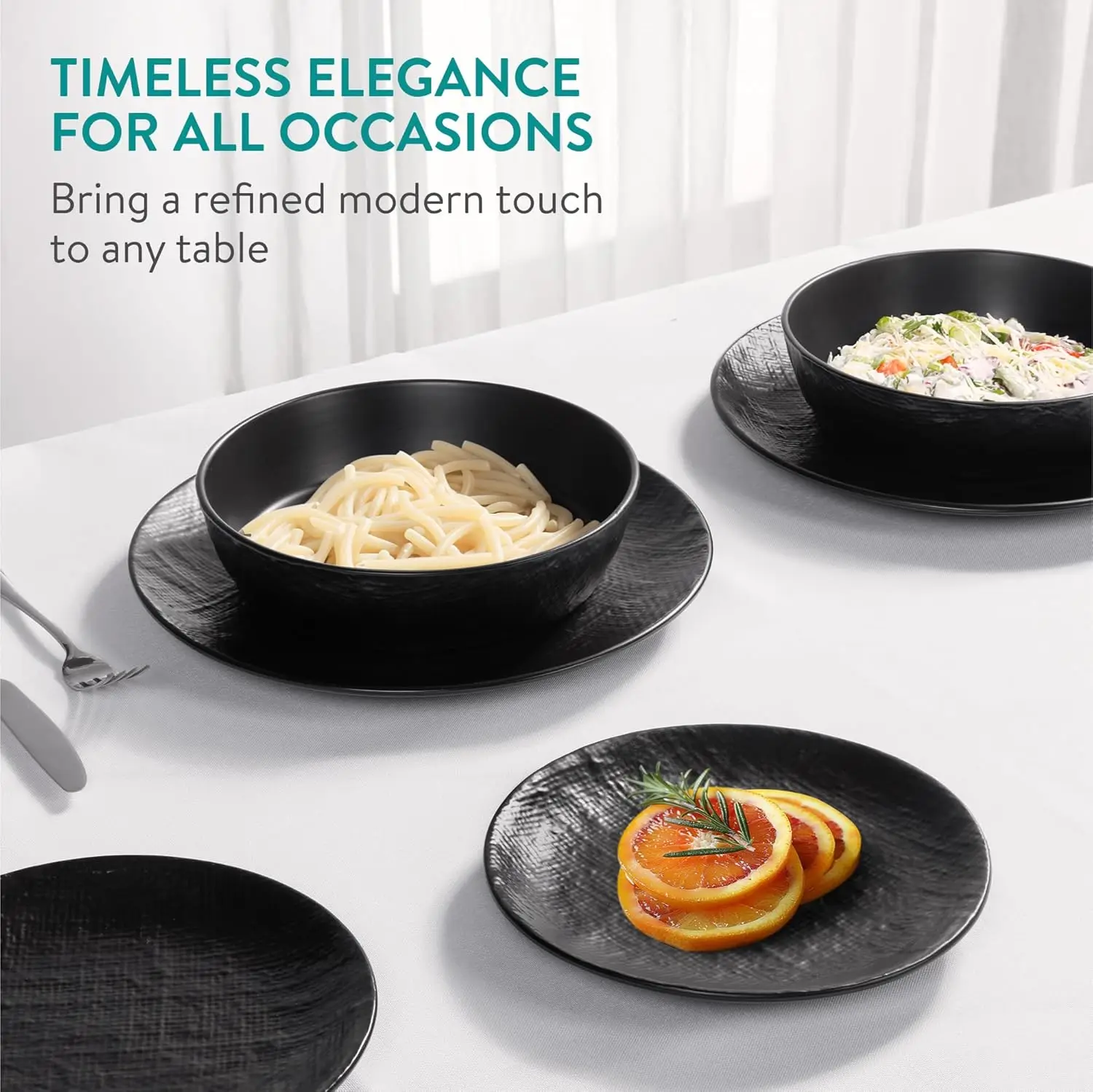 リネン職人石器食器セット（18点）- 食器洗い機＆電子レンジ対応プレート＆ボウル（6人用、ディナープレート、サイドプレート付き）