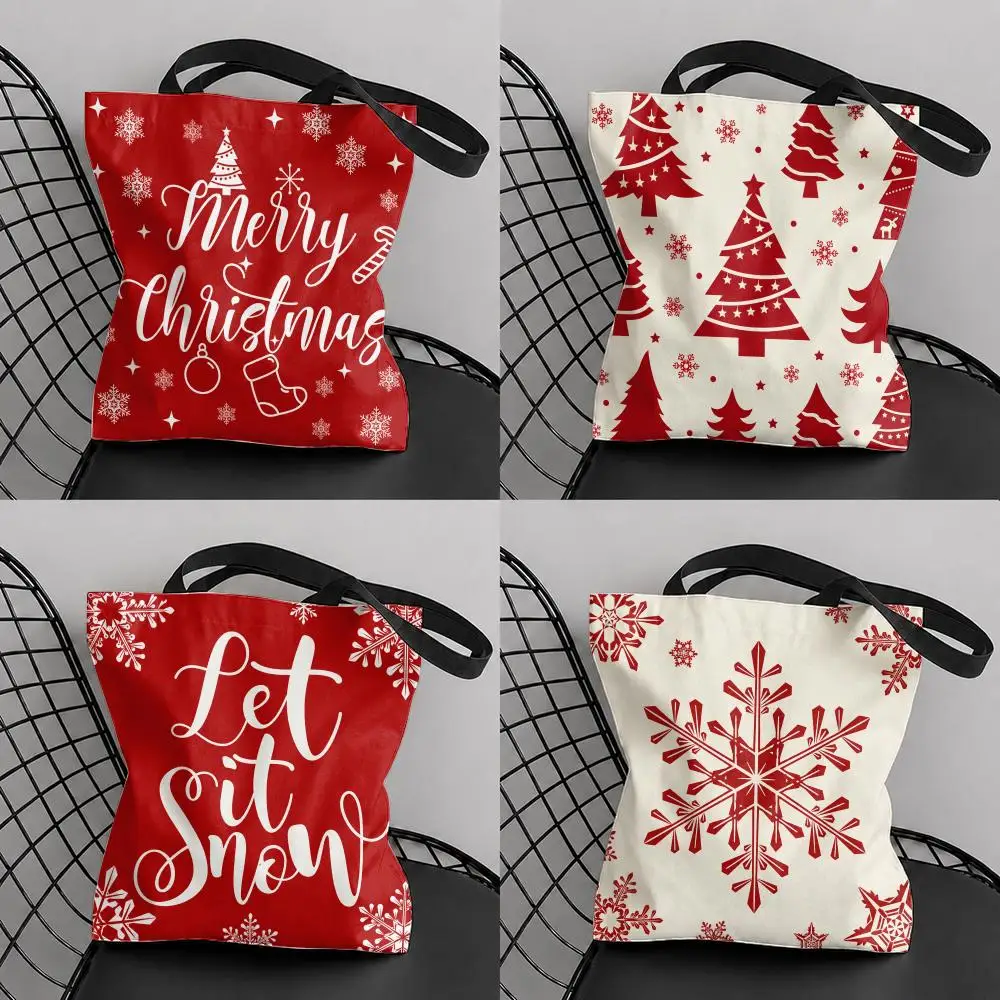 Christmas Winter Lettering Patterns Storage Bags Canvas Tote Bag Double-Sided Print Fashion Shoulder Shopping Bag Gift Handbags