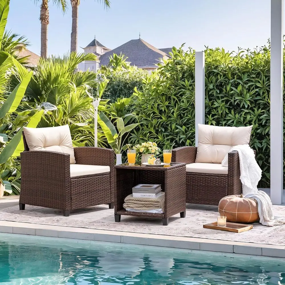 3-Piece Outdoor PE Rattan Furniture Set: Two Chairs and Table for Garden, Poolside, Balcony