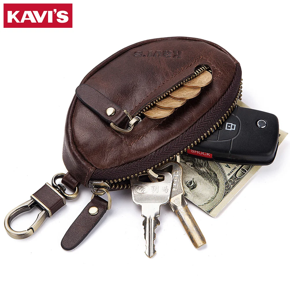 KAVIS 100% Genuine Leather Men Mini Short Zipper Soft Purses Housekeeper Keys Organizer With Top Quality Coin Purse