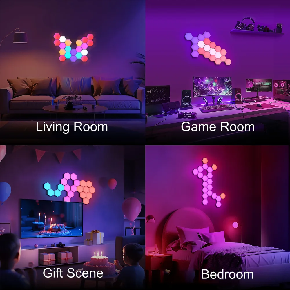 RGB Smart Hexagonale Wandleuchte Farbwechselnde Ambiente-Nachtbeleuchtung DIY-Form Musik-Rhythmus APP für Spielzimmer Schlafzimmer Intelligente Beleuchtung