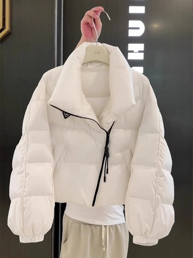 2025 nova moda branco para baixo jaqueta feminina inverno curto acolchoado casaco quente fino ajuste