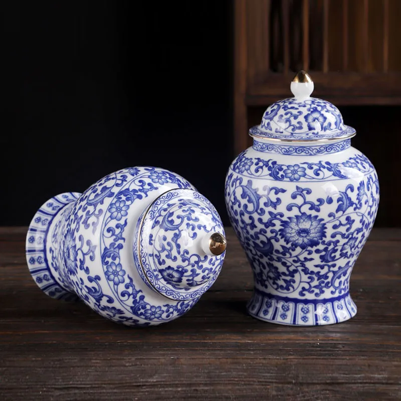 Chinese Style Gold-plated Ceramic General Jar Luxury Blue and White Porcelain Decorative with Lid Sealed Tea Decoration