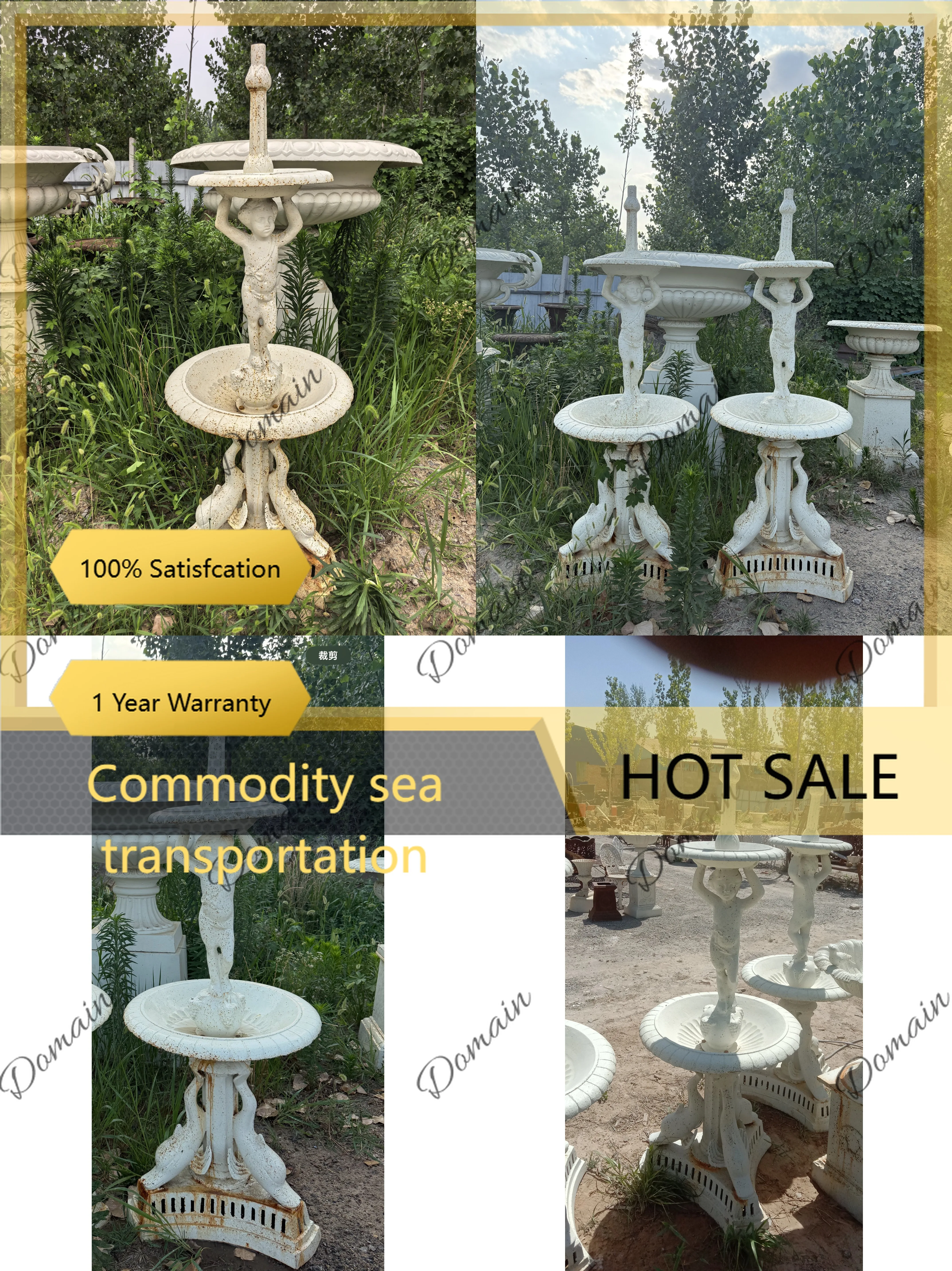J81 Live Cast Iron Fountain Boy with Angel Tray Two-Tier Garden Water Feature for Outdoor Decor