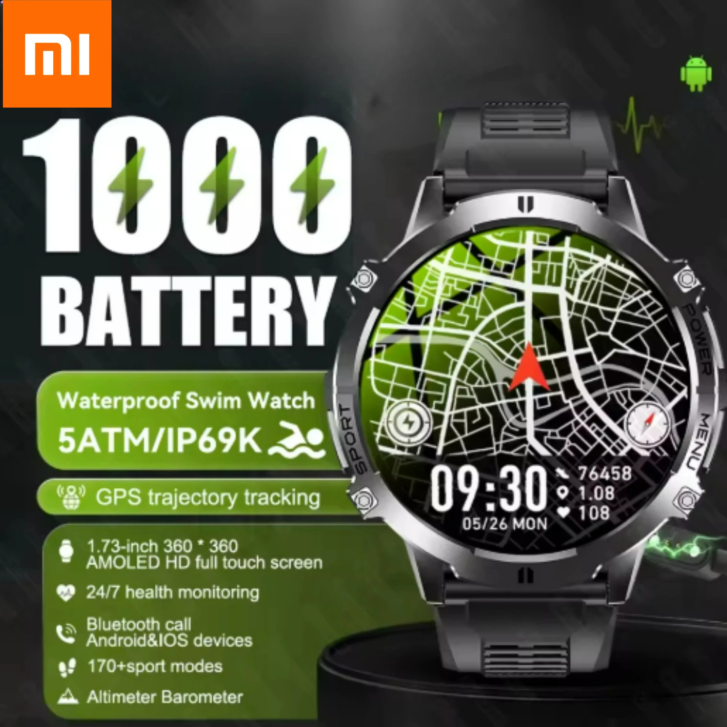 Xiaomi Military TREX3 1000mAh Battery Smart Watch 1.73-inch Screen 5ATM Waterproof GPS Altimeter Bluetooth Call Men Smartwatch