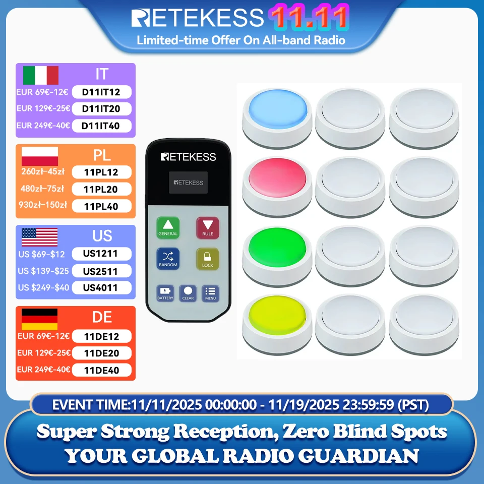 Retekess TM102 무선 퀴즈 응답 게임 버저 시스템, 3 가지 응답 모드, 4 가지 색상,교실 대회 게임 쇼, 가족 게임용