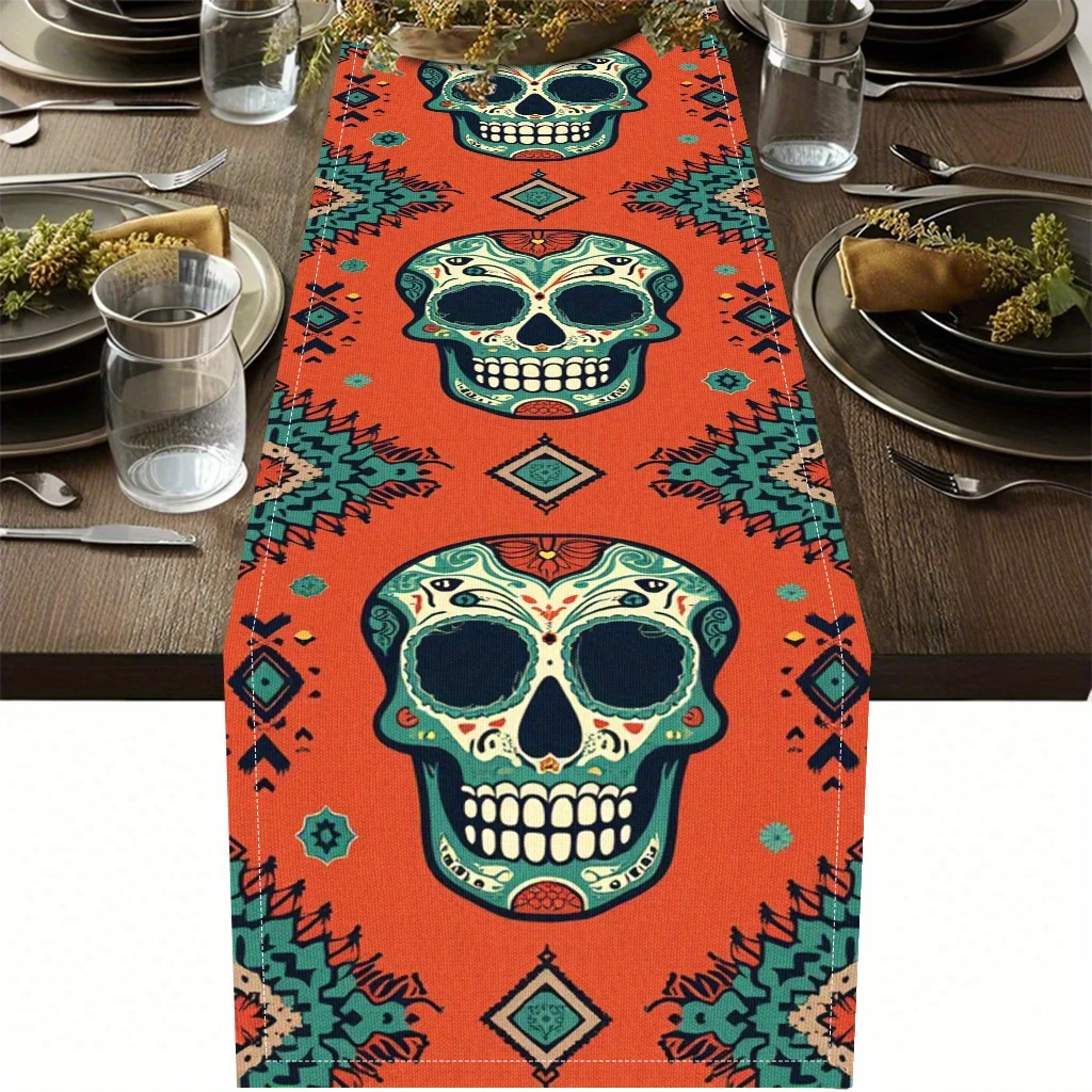 

Halloween Aztec Sugar Skull Linen Table Runner Holiday Party Decor Mexican Day of The Dead Table Runners for Kitchen Table Decor