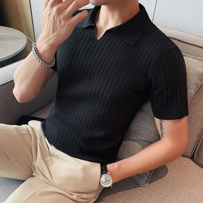 Korean Business Casual Summer New Ice Silk Men\'s Short Sleeved Polo Shirt Lapel Solid Jacquard Stripe Screw Thread Slim Thin Top