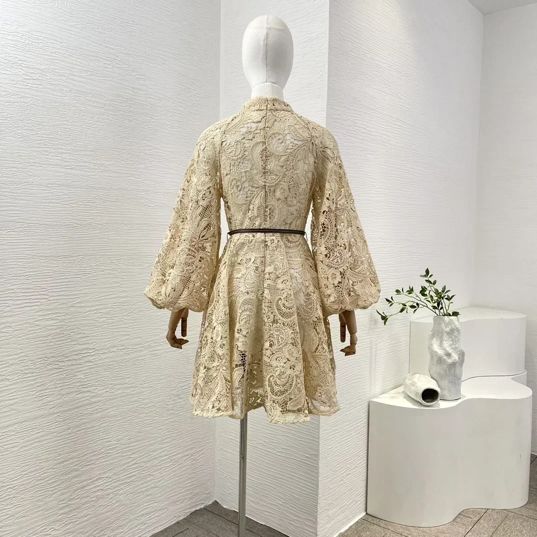 2024 New Collection Women Beige Long Sleeve Hollow Out Lace Patchwork Waist Lace-up Vintage Mini Dress for Summer