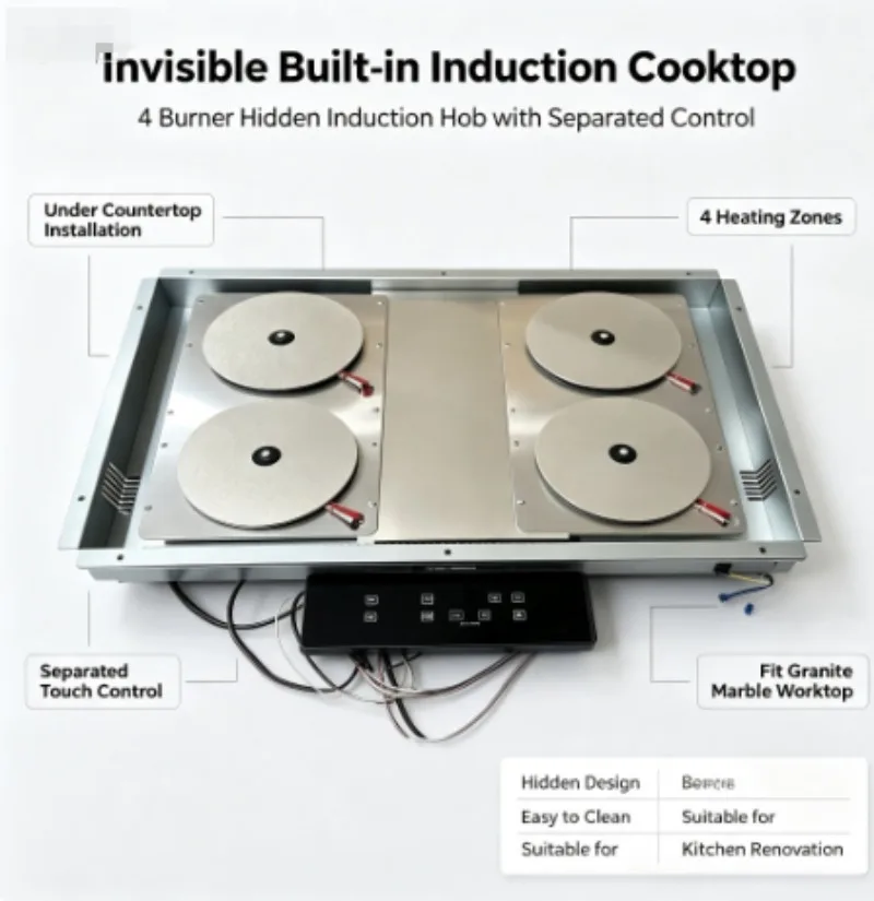 Hidden Invisible Induction Cooktop 4 Hobs, Separated Independent Control Built-in Stove Under Granite Marble Countertop