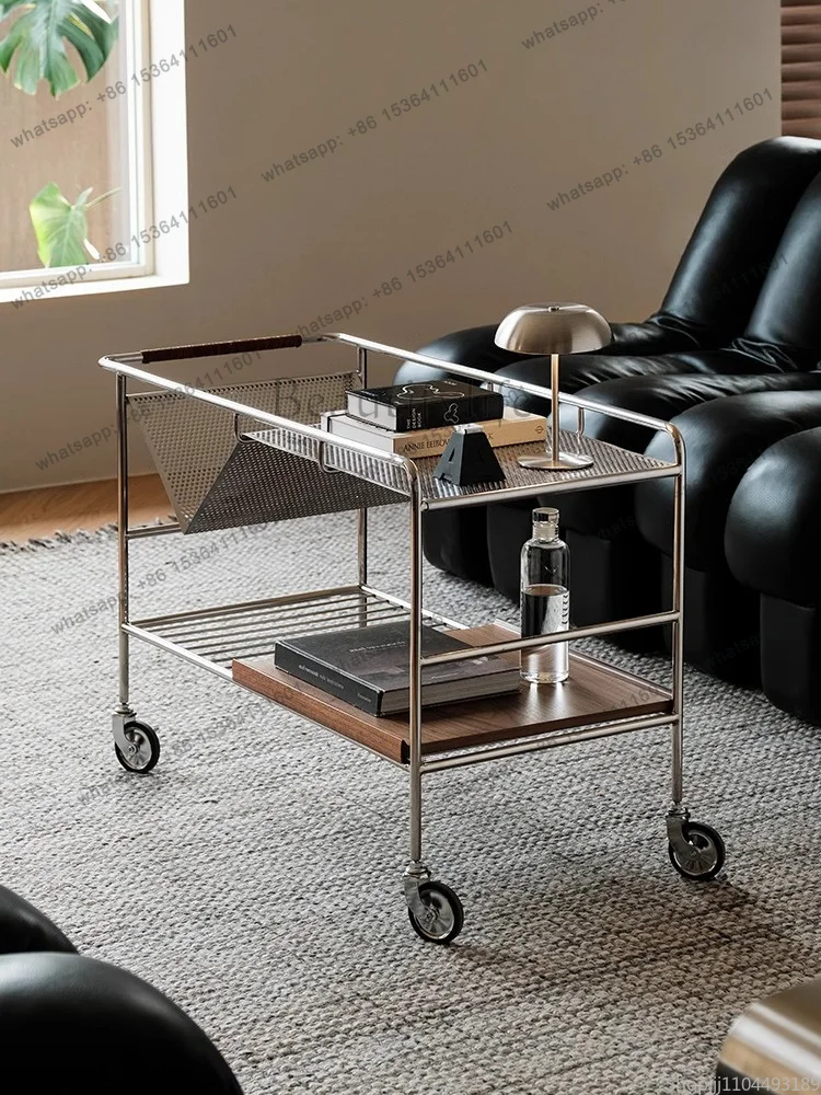 YJ  Nordic Retro Side Table with Wheels Mobile Sofa Caddy Stainless Steel Rolling Cart Stylish Living Room Storage & Coffee Tab
