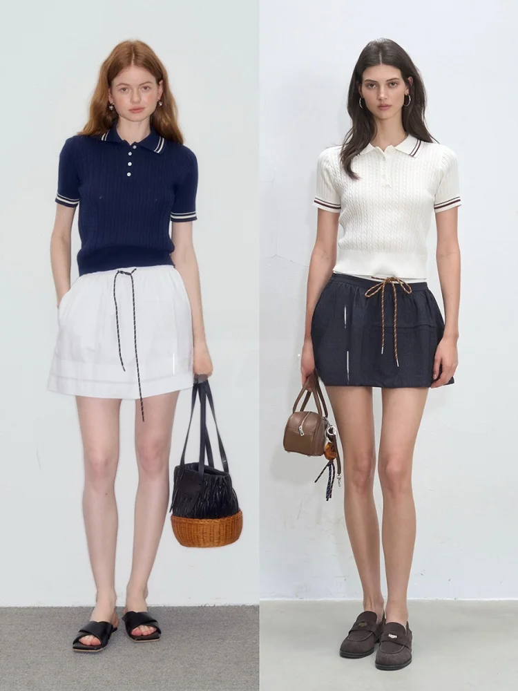 

Женская трикотажная рубашка DeeSicile American Sle Preppy с коротким рукавом, приталенная, с отложным воротником, повседневный летний топ