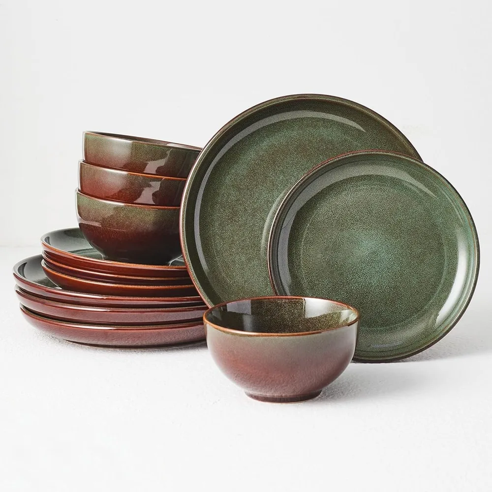 

Stoneware Dinnerware Sets Service for 4, 12 pcs Reactive Glaze Plates and Bowls Sets, Handmade Ceramic Dish Set, Highly Chip and