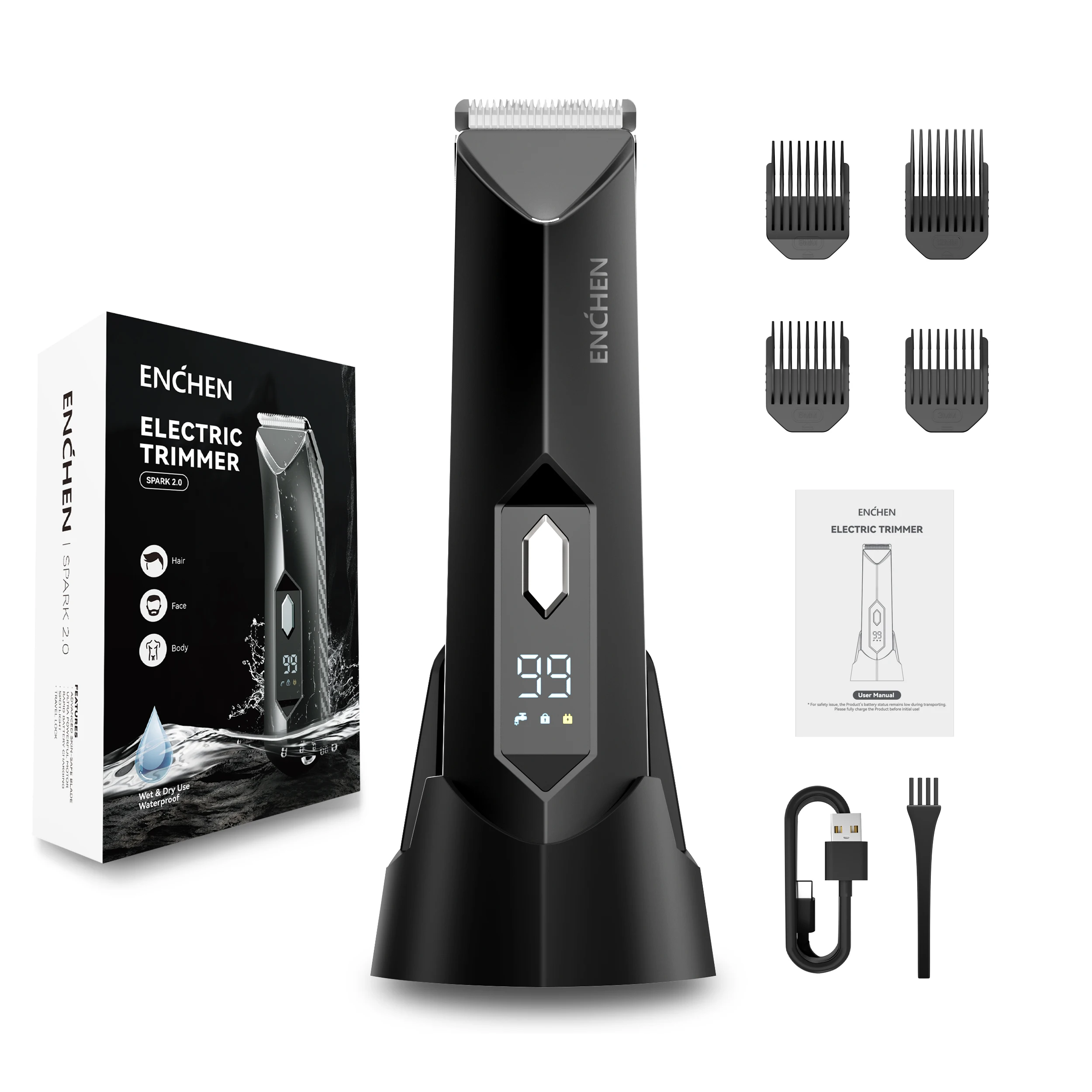 ENCHEN SPARK 2 Trimmer voor lies- en lichaamsverzorging met huidsveilig blad Digitaal scherm 100% waterdicht