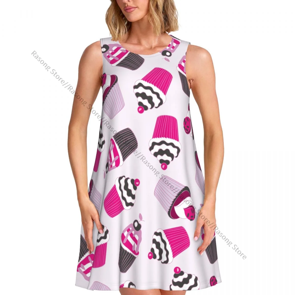 Damenkleid Sommer Lässiges T-Shirt-Kleid Strandkleid Schönes Yummy Cupcake Rosa Tanktop-Kleid
